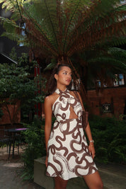Jackie  Natural Brown Swirl Cross Halter-Neck Mini-Dress