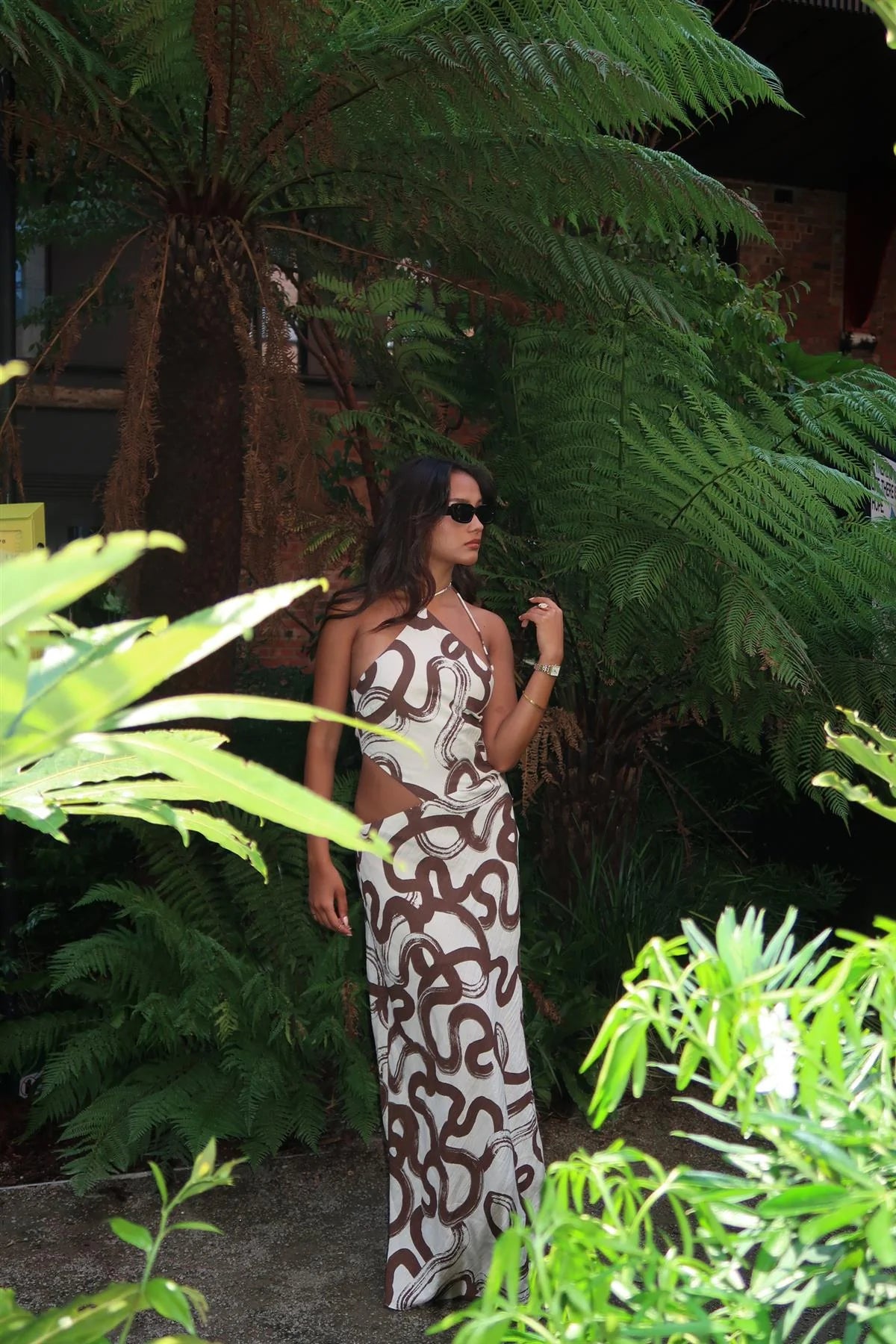 Jackie Natural Brown Swirl Split-Leg Maxi-Dress