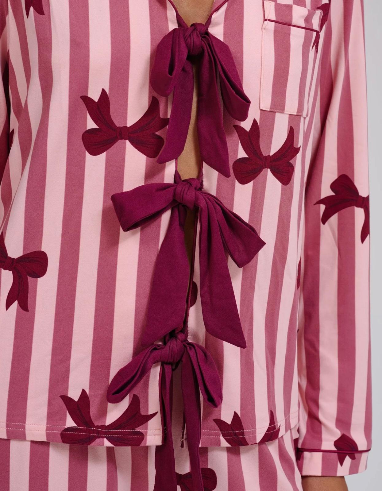 Pink Bow Striped Super Soft Tie Front Long Sleeved Pyjama Set