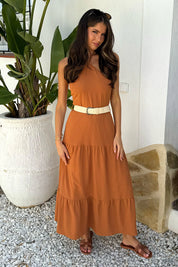Lola Rust Halterneck Straw Belt Tiered Midi Dress