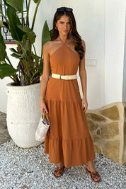 Lola Rust Halterneck Straw Belt Tiered Midi Dress