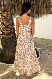 Lola Stone And Cream Abstract Print Shirred Straps Button Detail Midi Dress