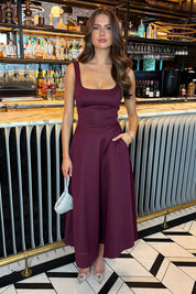 Rachel Plum Square Neck A-line Midi Dress