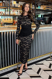 Anna Black Lace Contrast Draped Waist Midi Dress