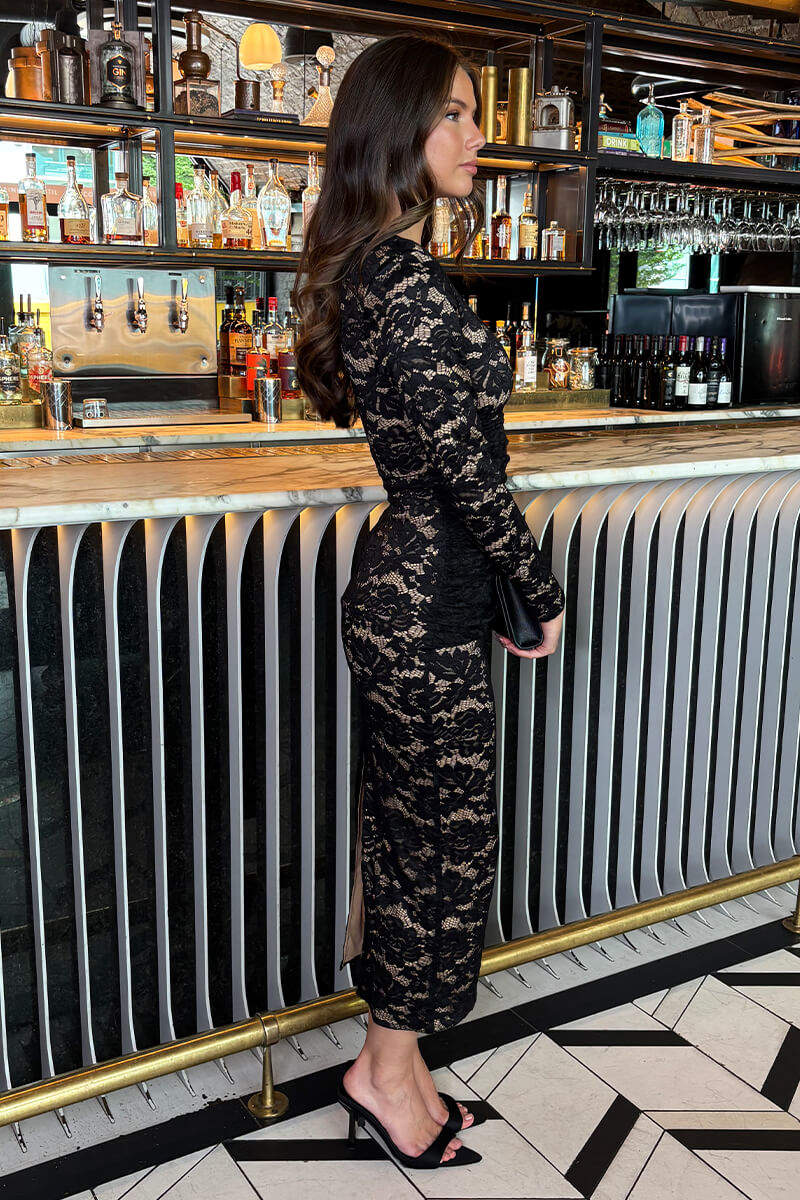 Anna Black Lace Contrast Draped Waist Midi Dress