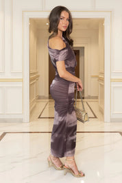 Odel Chocolate Smudge Print Off The Shoulder Mesh Midi Dress