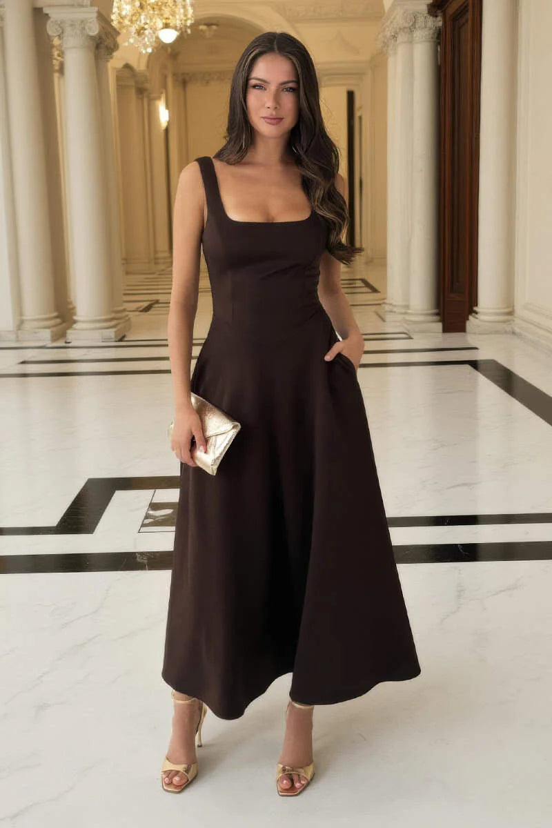 Rachel Brown Square Neck A-line Midi Dress