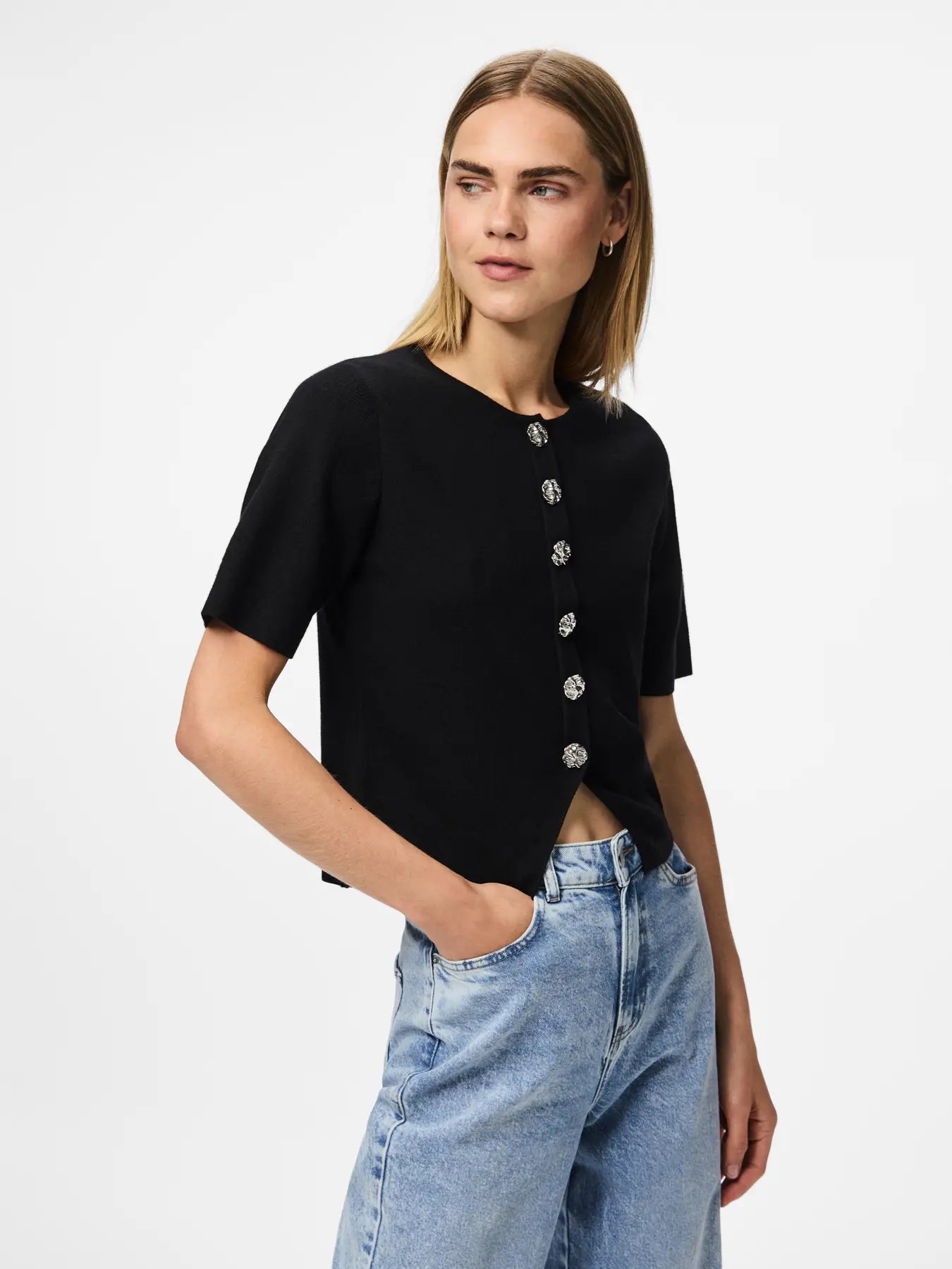 Marie O-Neck Split Front Top with Silver Buttons