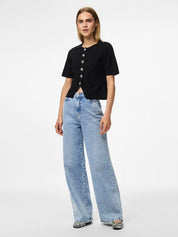 Marie O-Neck Split Front Top with Silver Buttons