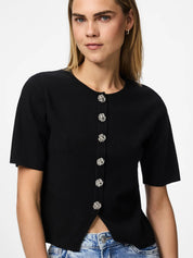 Marie O-Neck Split Front Top with Silver Buttons