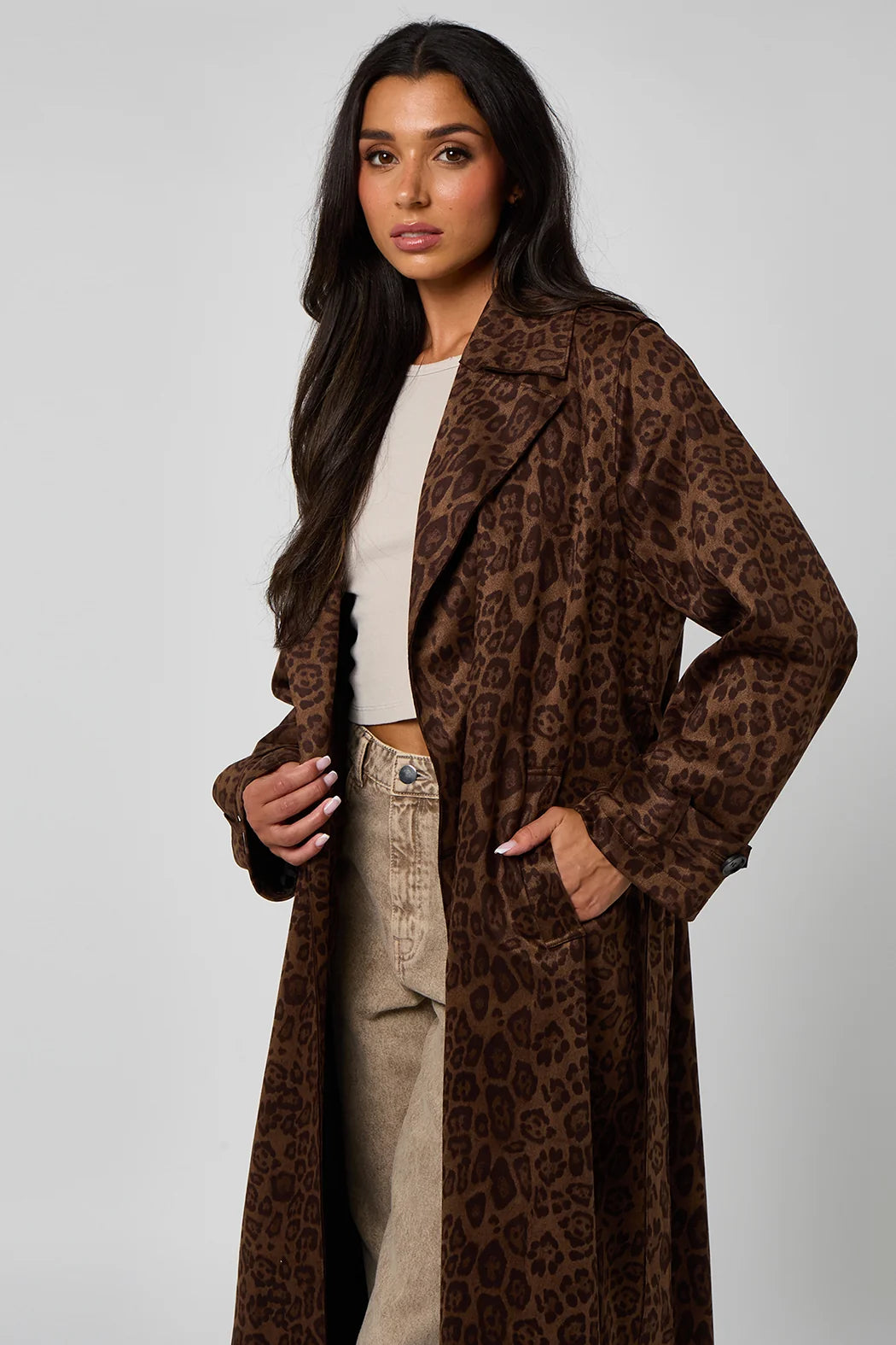 Jada Leopard Faux Suede Trench Coat