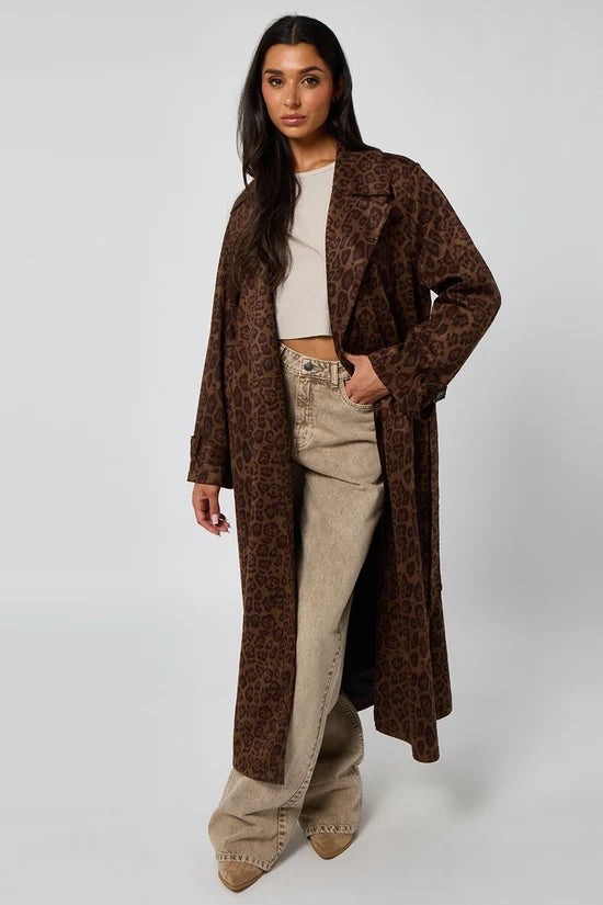 Jada Leopard Faux Suede Trench Coat