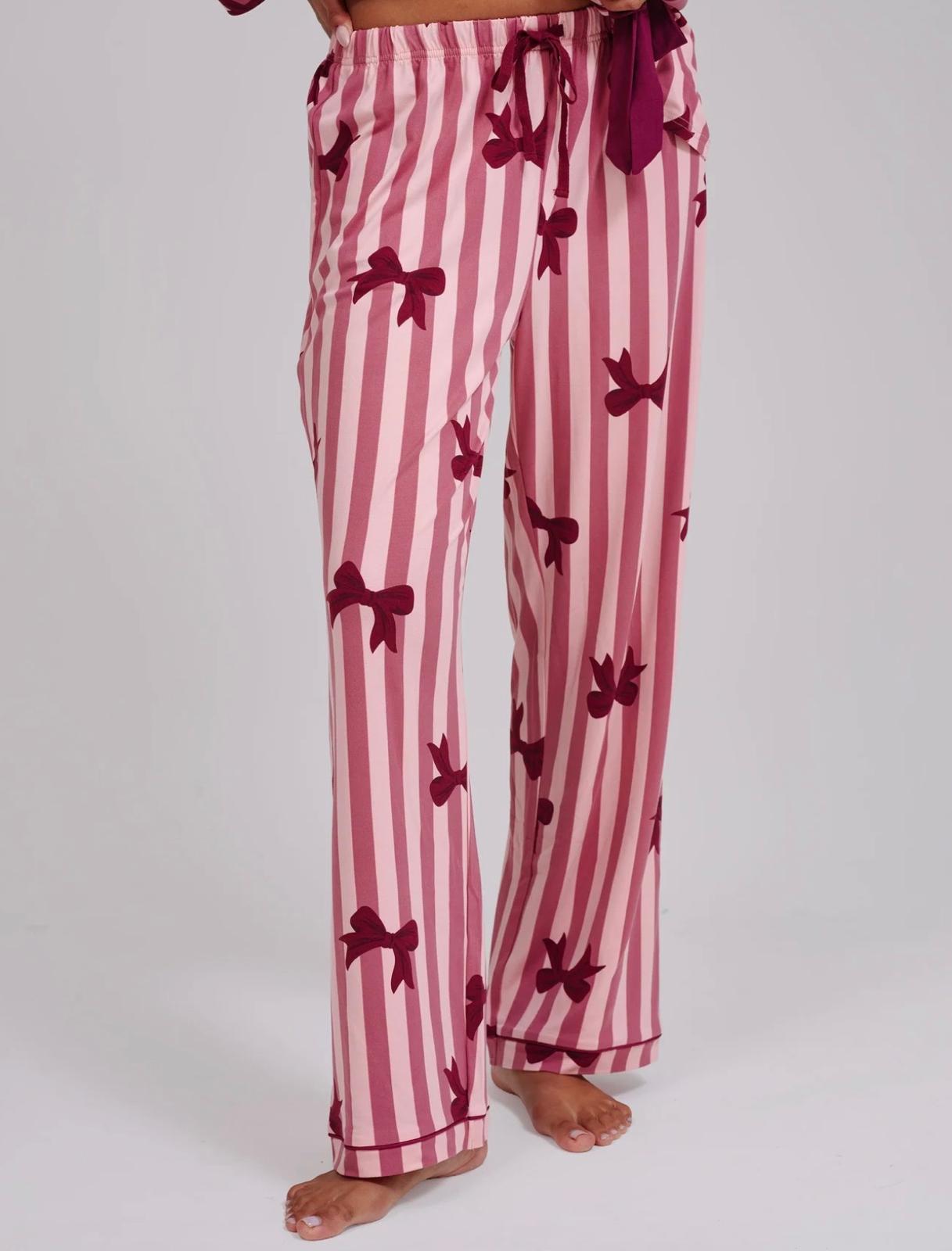 Pink Bow Striped Super Soft Tie Front Long Sleeved Pyjama Set