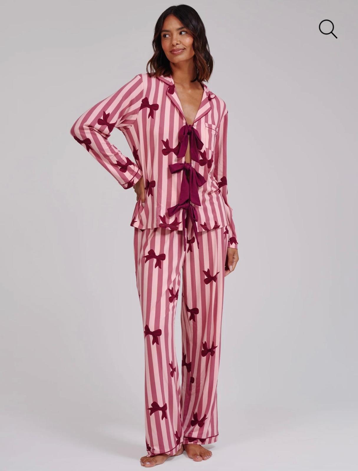 Pink Bow Striped Super Soft Tie Front Long Sleeved Pyjama Set