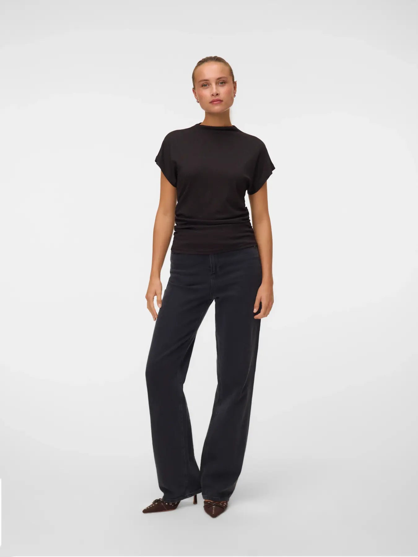 Kanva Cap Sleeve Rouching Top Brown