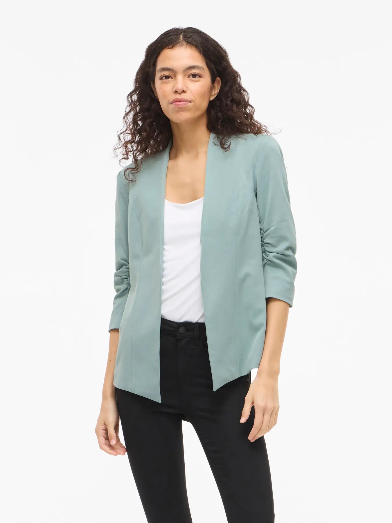 Her Blazer with Ruched Sleeves  Blue