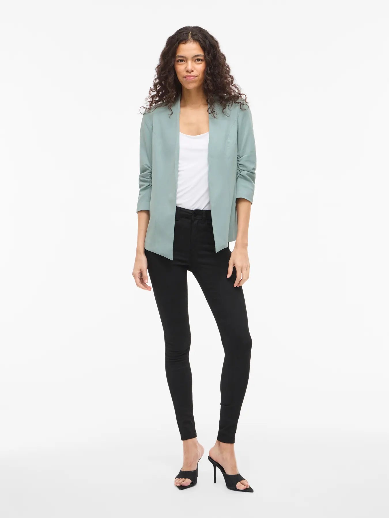 Her Blazer with Ruched Sleeves  Blue