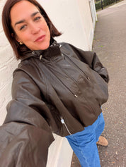 Cici Faux Leather Hooded Bomber Jacket