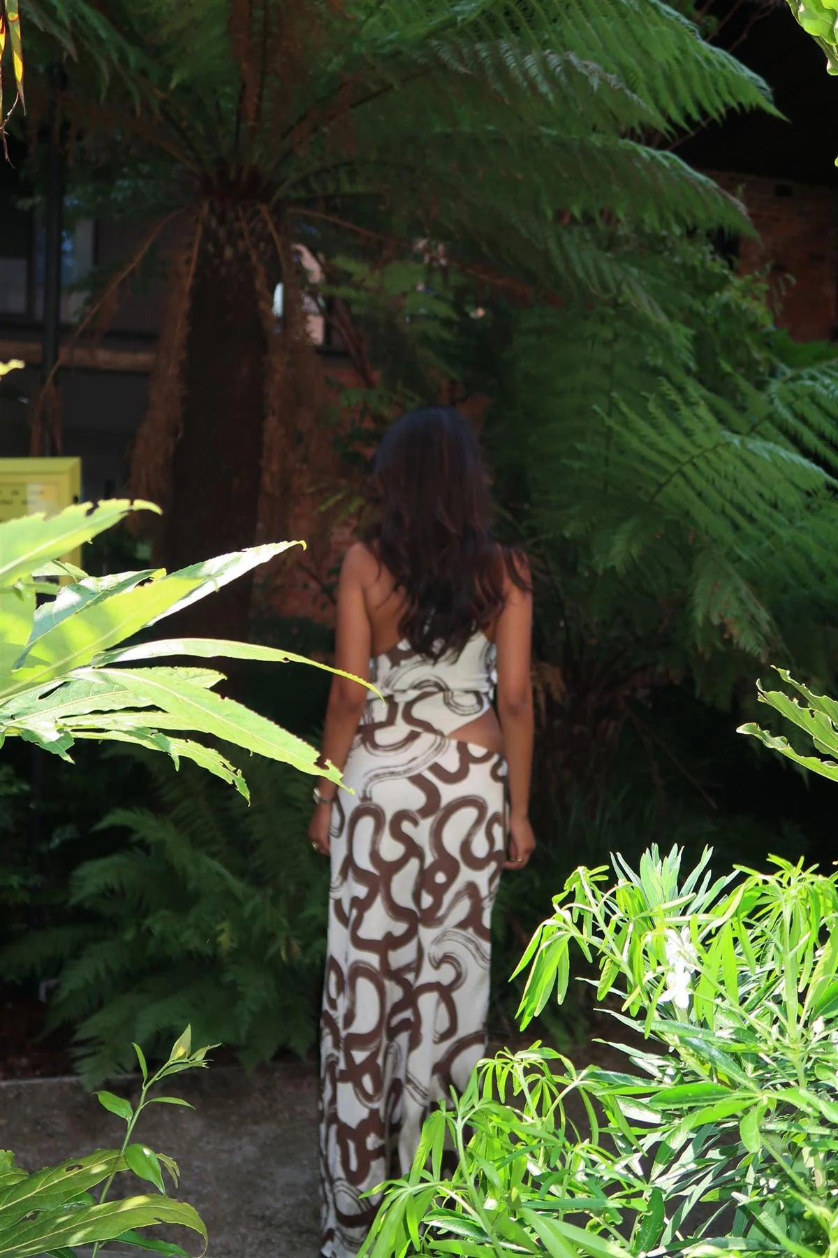 Jackie Natural Brown Swirl Split-Leg Maxi-Dress