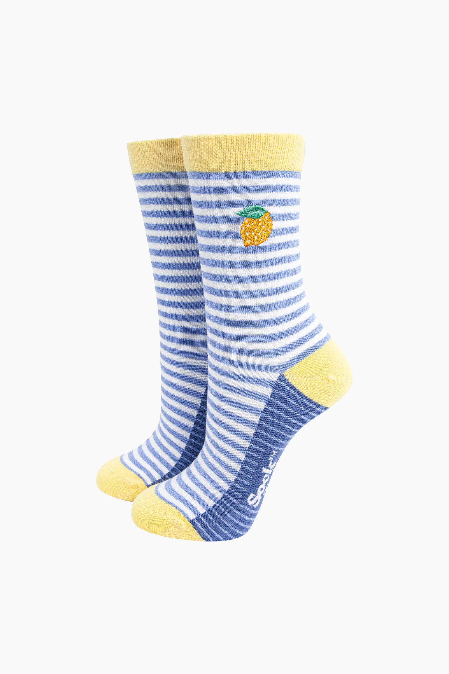 Embroidered Lemon Striped Combed Cotton Socks in Blue