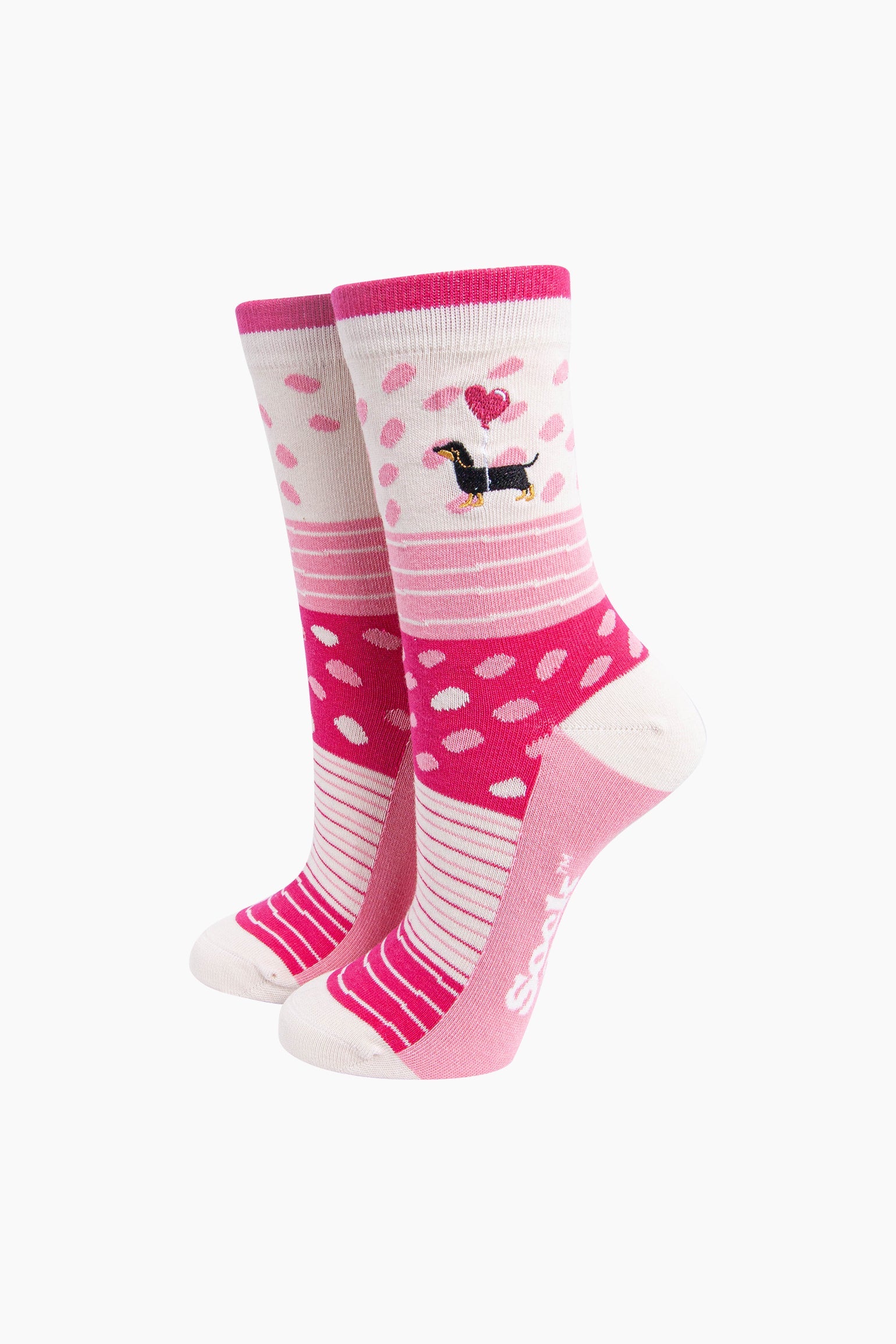 Embroidered Sausage Dog Heart Balloon Combed Cotton Socks in Pink
