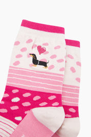 Embroidered Sausage Dog Heart Balloon Combed Cotton Socks in Pink