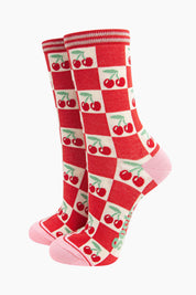 Women's Bamboo Socks - Cream/Red, Cherry Squares