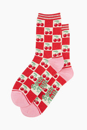 Women's Bamboo Socks - Cream/Red, Cherry Squares