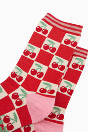 Women's Bamboo Socks - Cream/Red, Cherry Squares