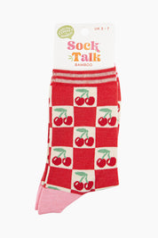 Women's Bamboo Socks - Cream/Red, Cherry Squares