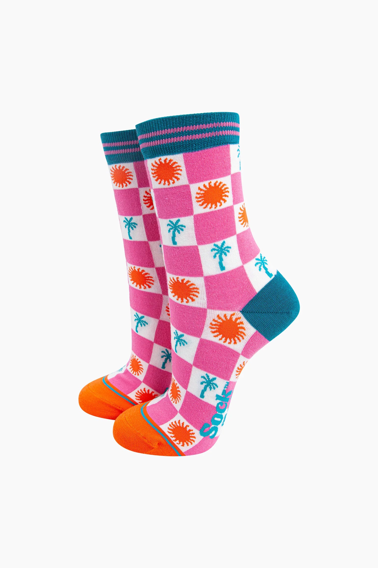 Palm Tree Sun Checkerboard Bamboo Socks in Pink