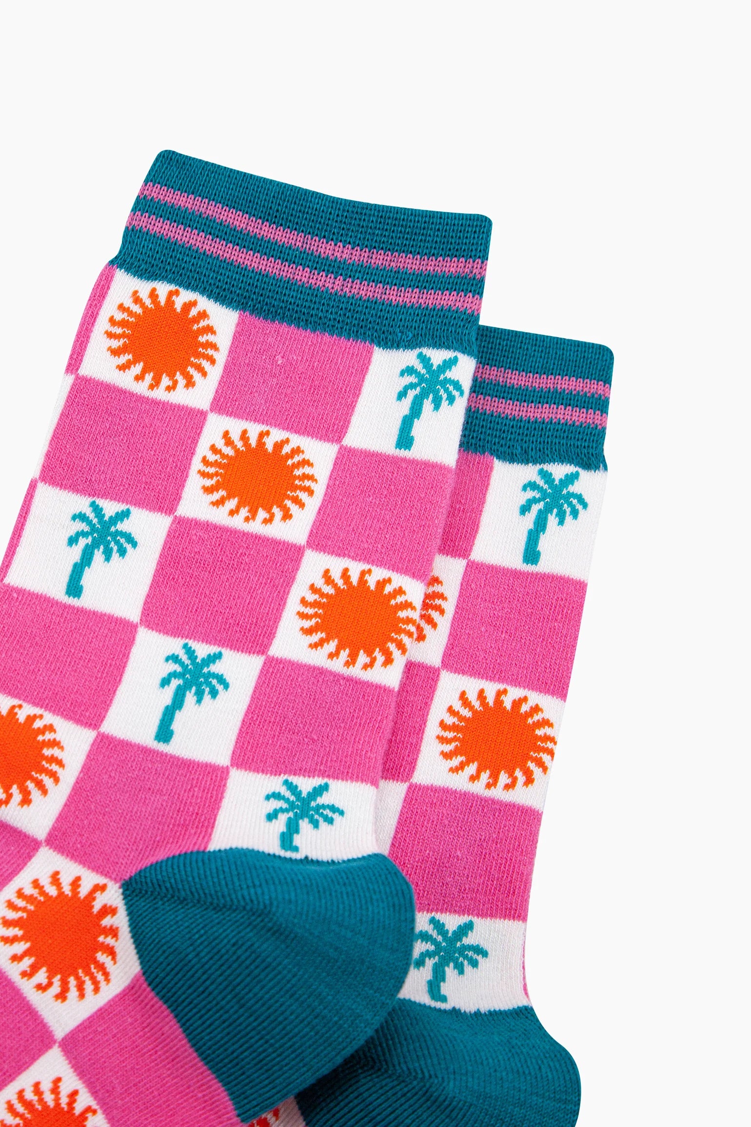 Palm Tree Sun Checkerboard Bamboo Socks in Pink