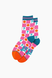 Palm Tree Sun Checkerboard Bamboo Socks in Pink