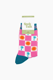 Palm Tree Sun Checkerboard Bamboo Socks in Pink