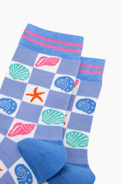 Seashell Checkerboard Bamboo Socks in Blue