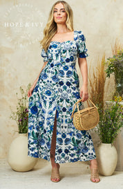 The Debora Puff Sleeve Sweatheart Neckline Midi Dress