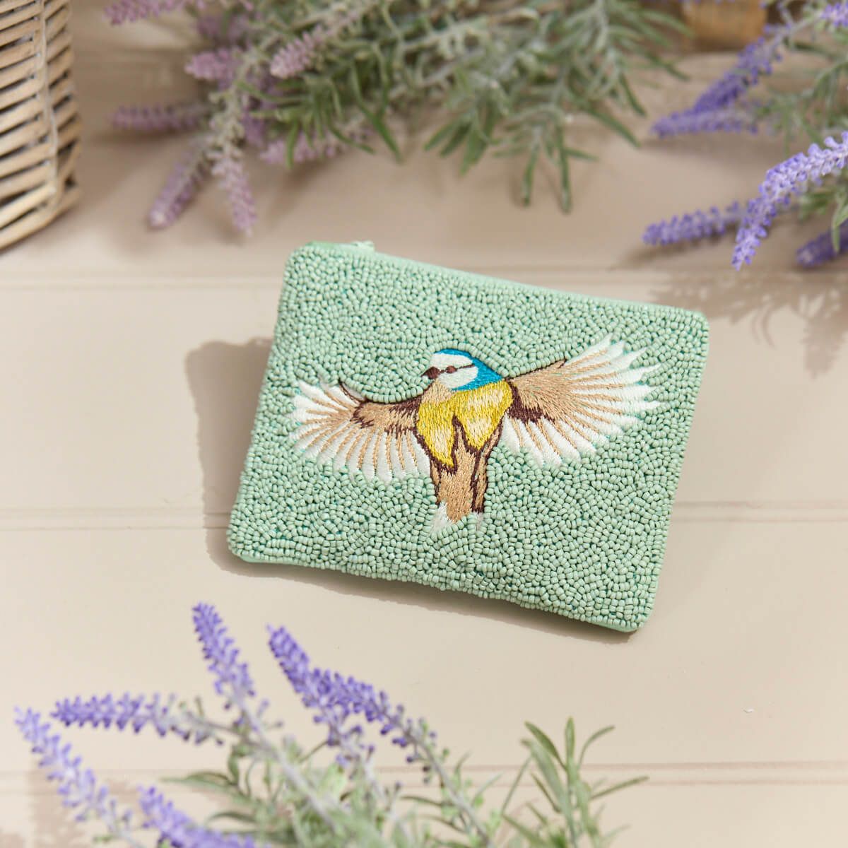 Beaded Blue Tit Cotton Coin Purse