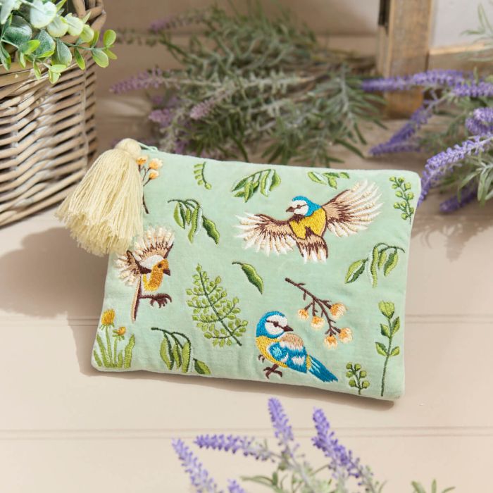 Bird Velvet Embroidered Purse Pouch