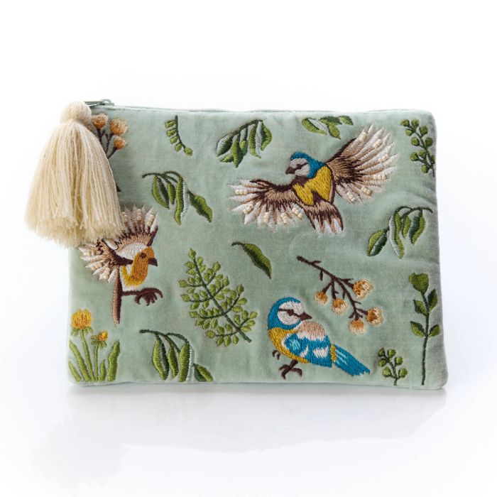Bird Velvet Embroidered Purse Pouch