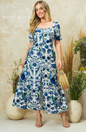 The Debora Puff Sleeve Sweatheart Neckline Midi Dress