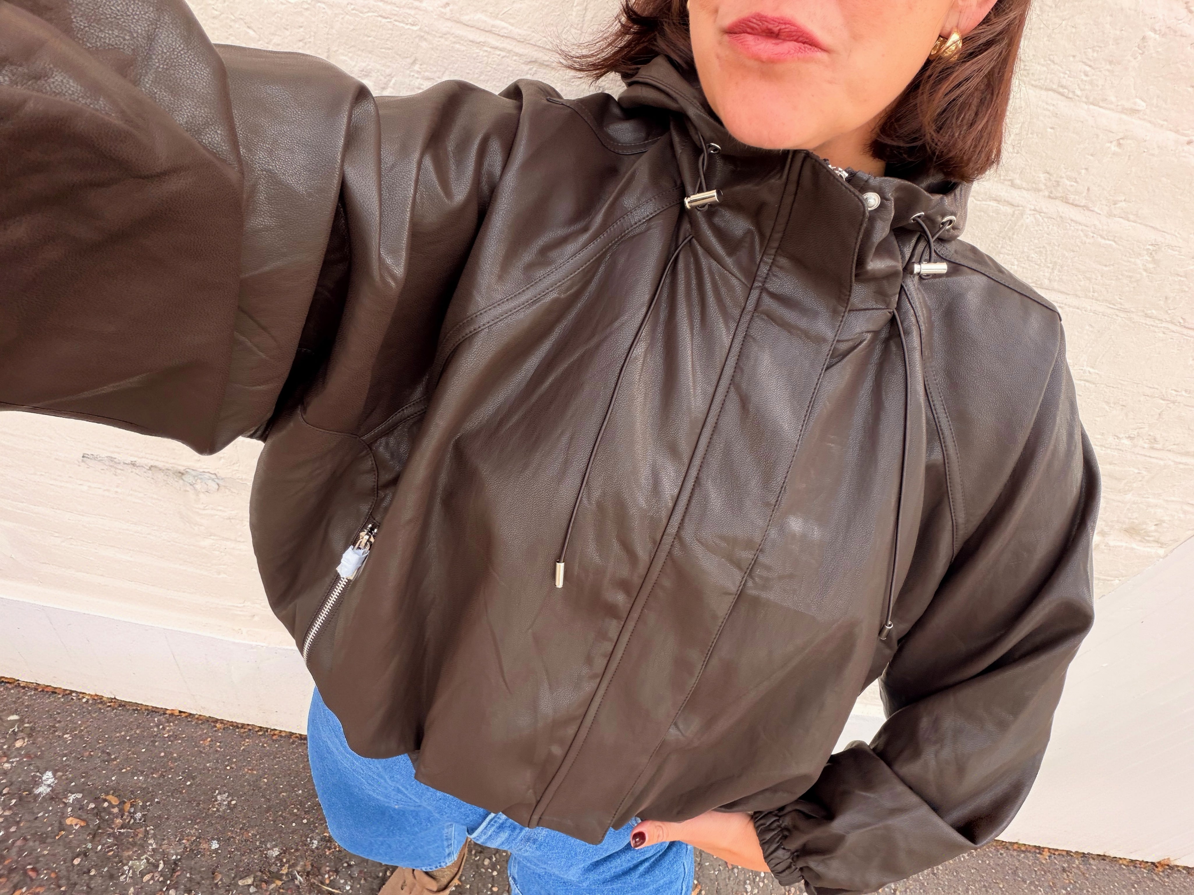 Cici Faux Leather Hooded Bomber Jacket