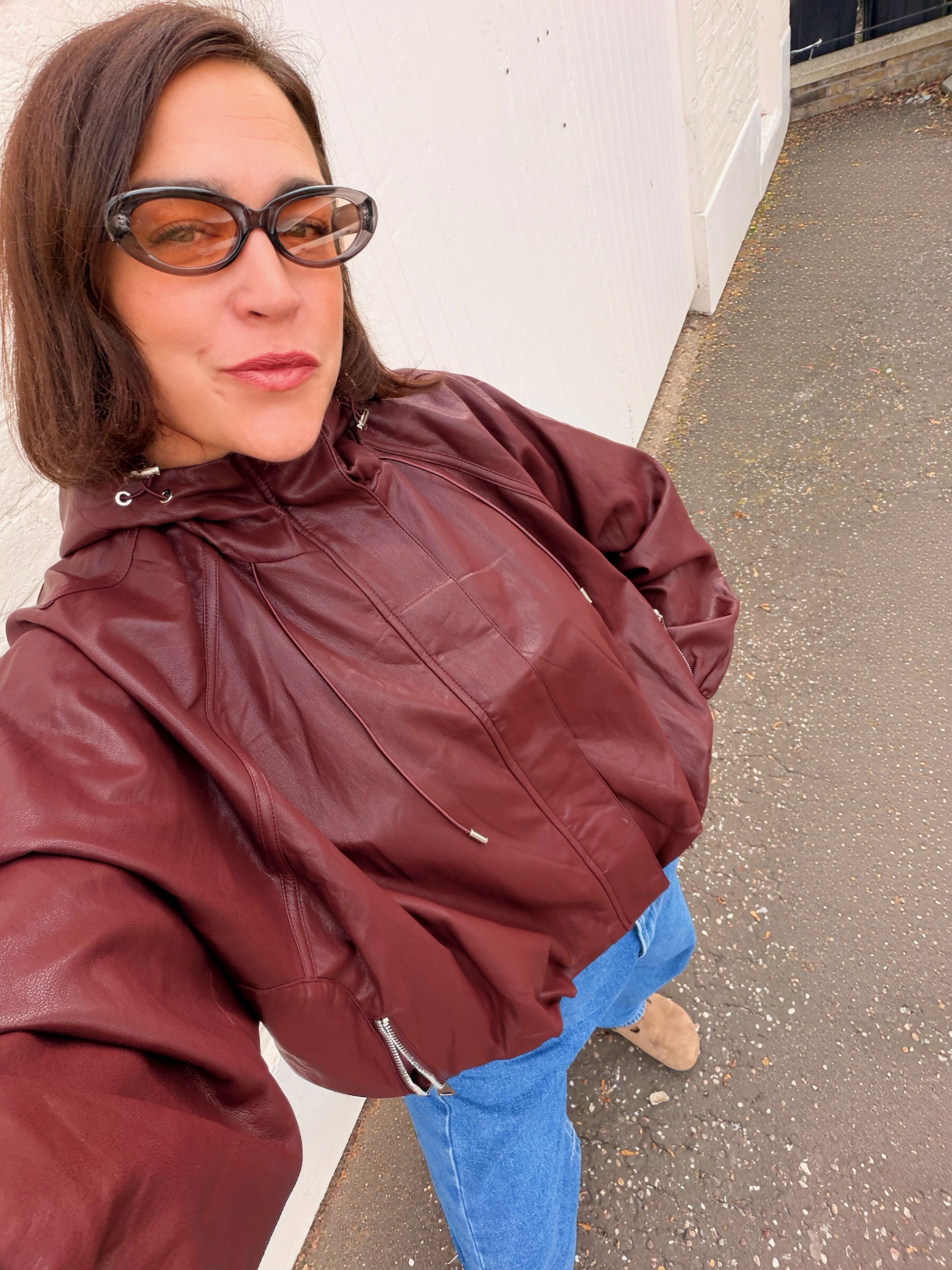 Cici Faux Leather Hooded Bomber Jacket