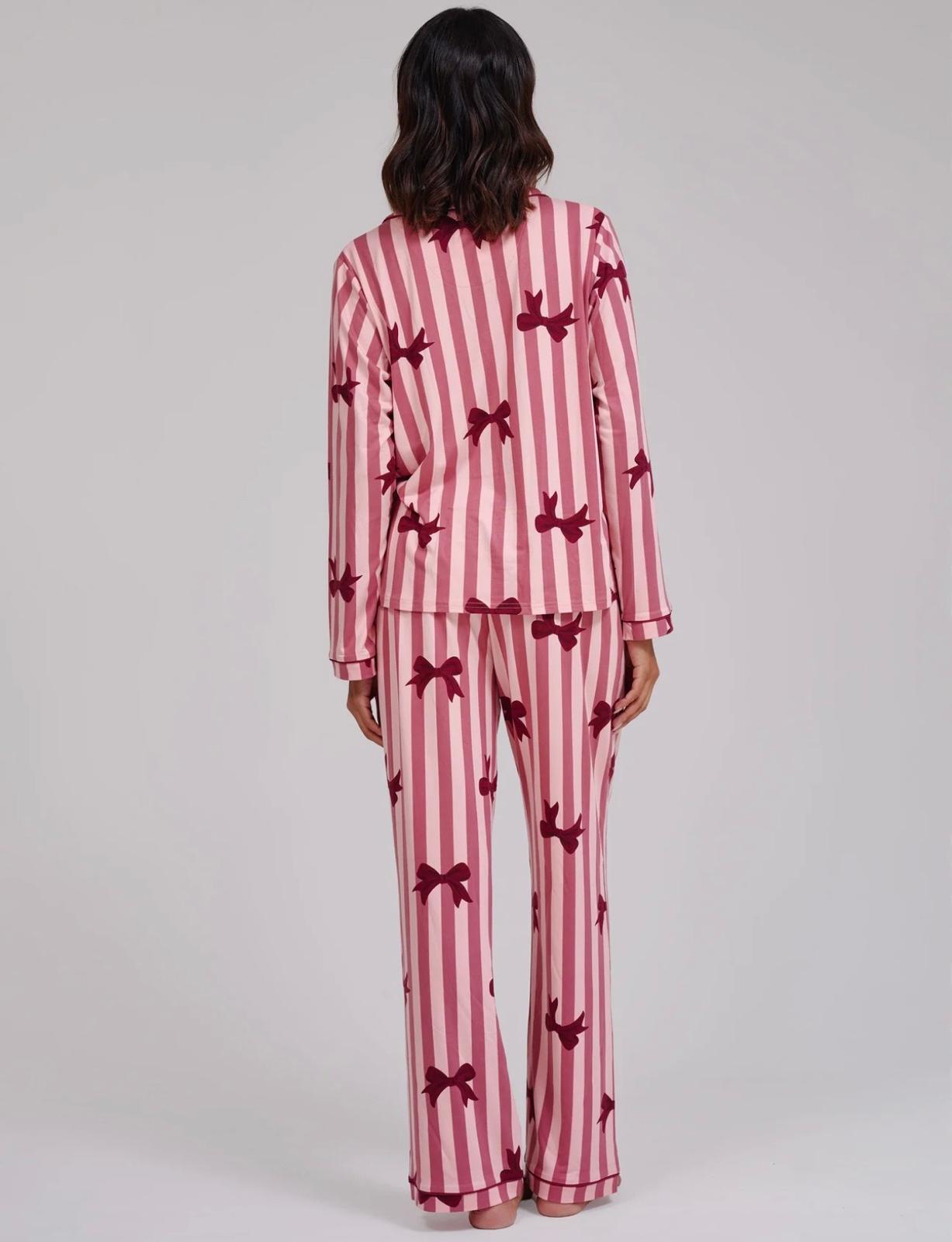 Pink Bow Striped Super Soft Tie Front Long Sleeved Pyjama Set