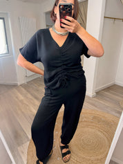 Nina Washed Linen V-neck Gathered Front Tee