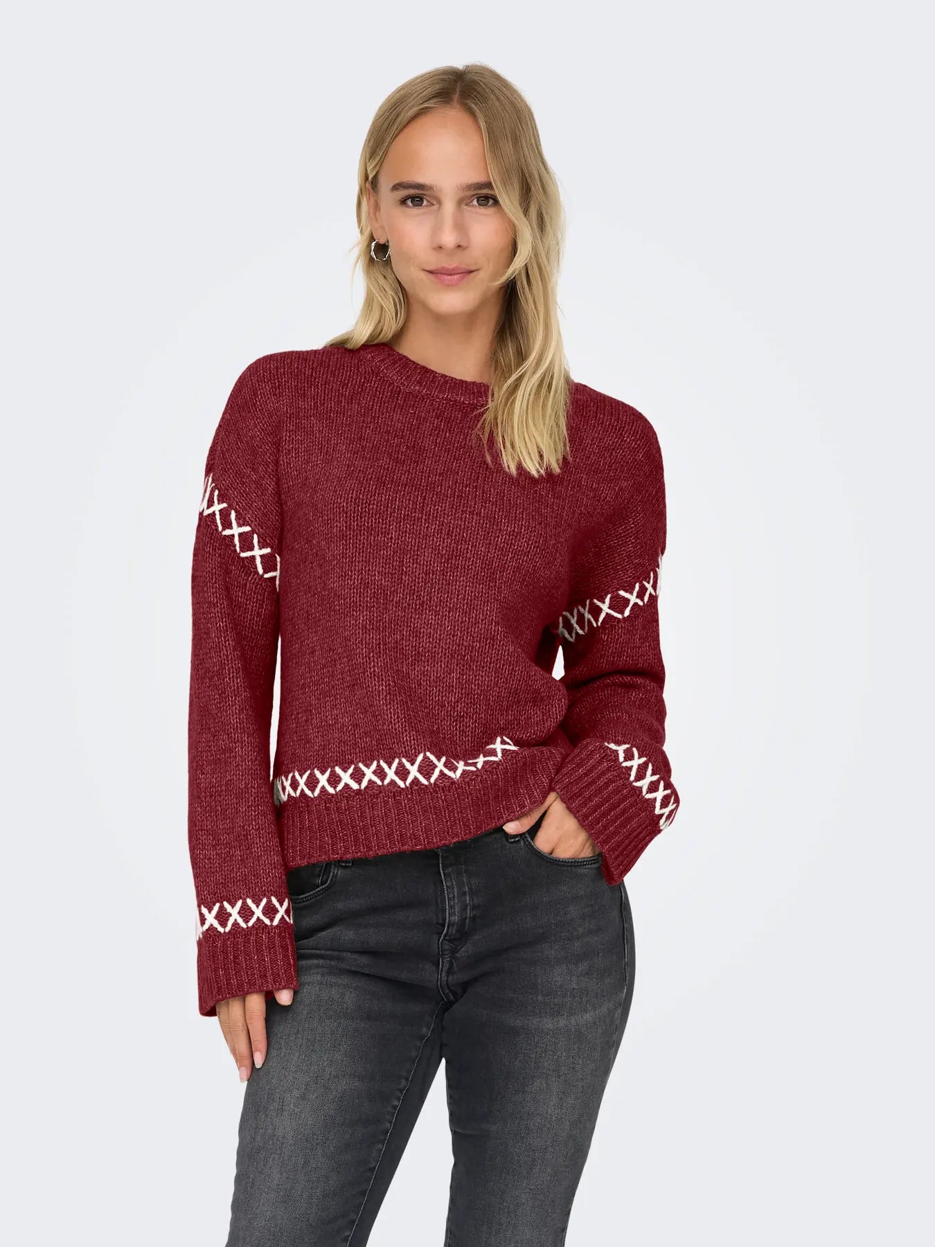Amanda Wine Contrast Stitch Knit Pullover
