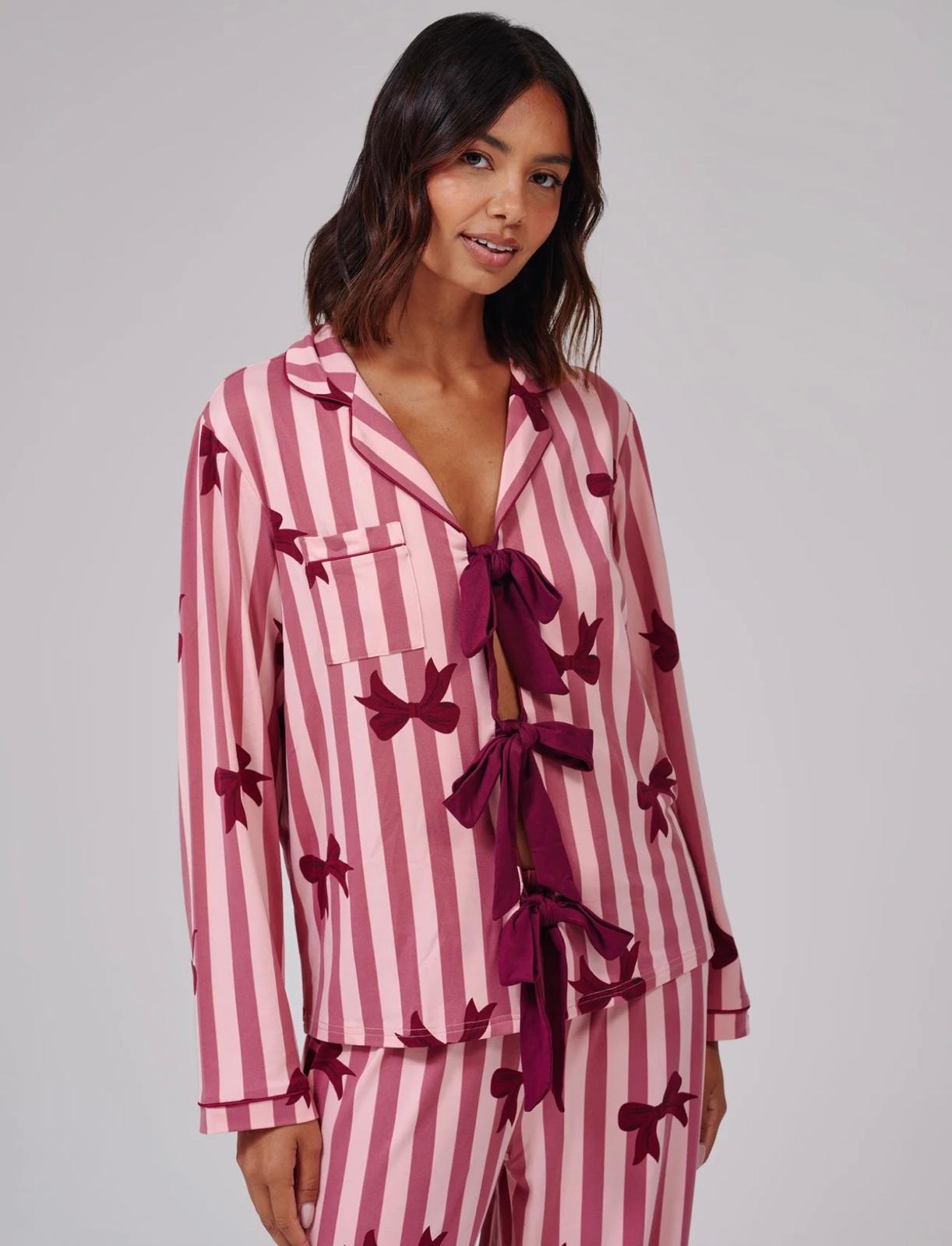 Pink Bow Striped Super Soft Tie Front Long Sleeved Pyjama Set