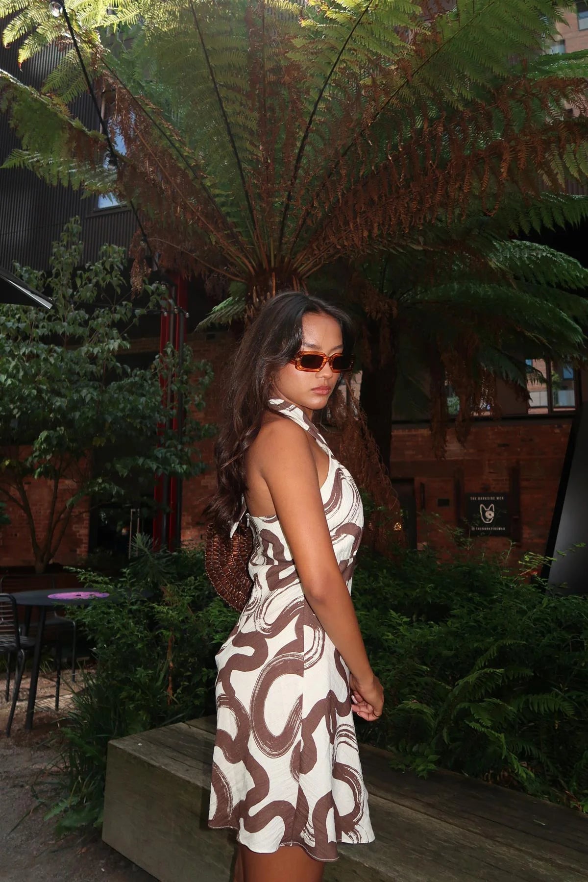 Jackie  Natural Brown Swirl Cross Halter-Neck Mini-Dress