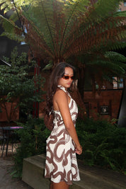 Jackie  Natural Brown Swirl Cross Halter-Neck Mini-Dress