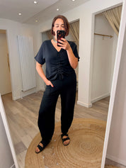 Nina Washed Linen V-neck Gathered Front Tee