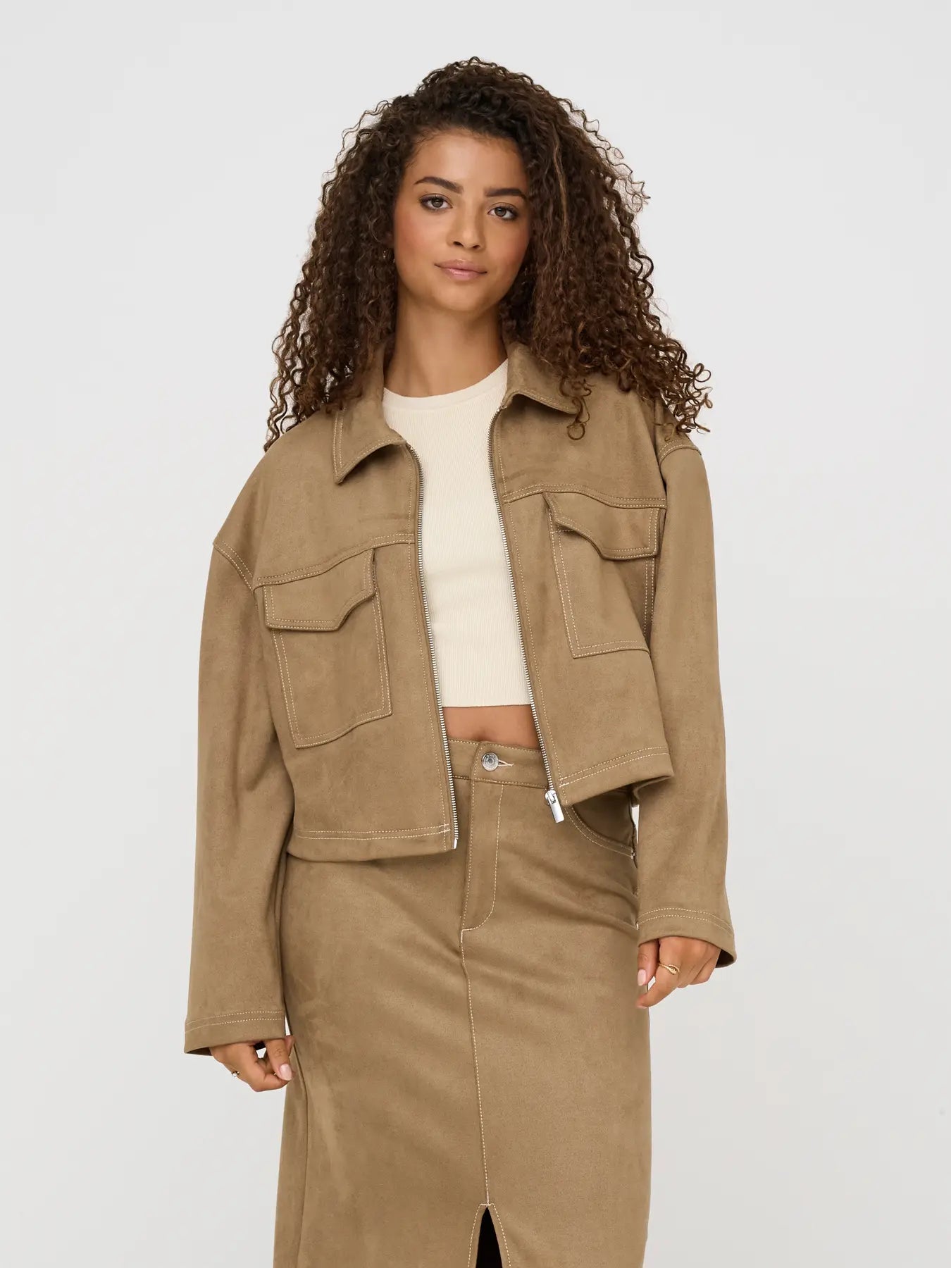Only Stina Faux Suede Jacket in Tan/Taupe